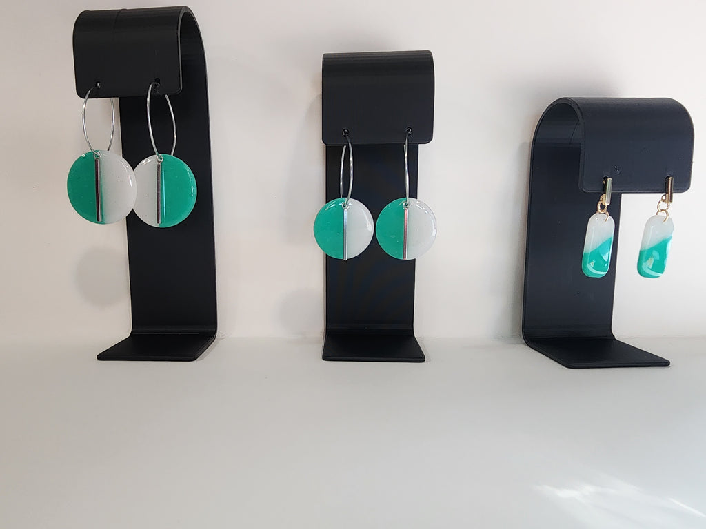 Handmade Polymer Clay Statement Earrings – Teal & White Geometric Dangles Large