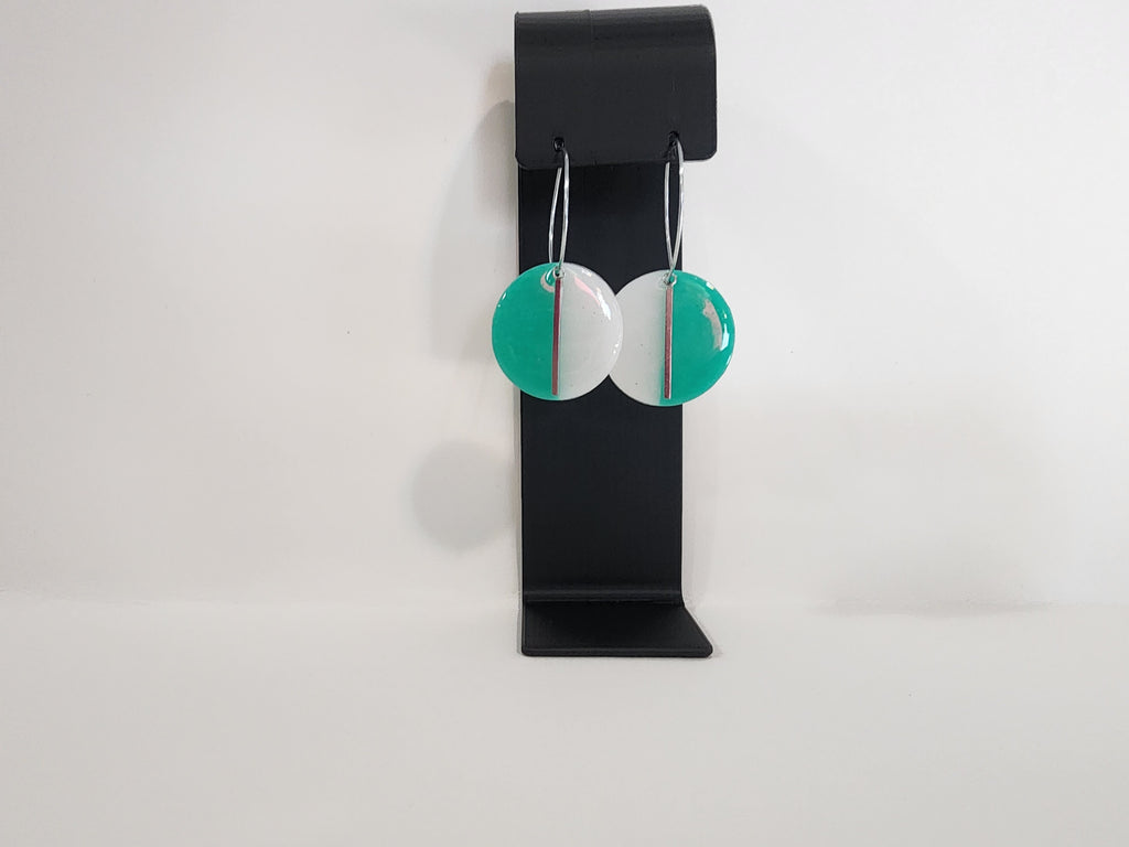 Handmade Polymer Clay Statement Earrings – Teal & White Geometric Dangles Large