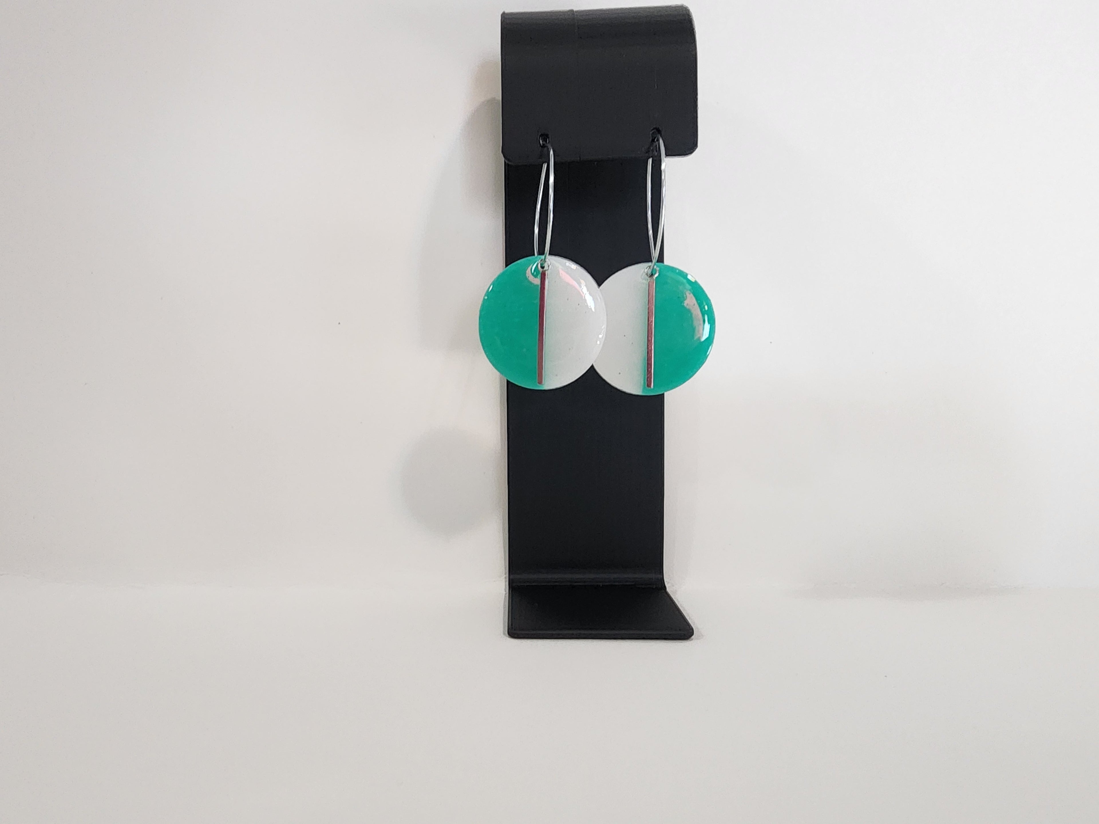 Handmade Polymer Clay Statement Earrings – Teal & White Geometric Dangles Large
