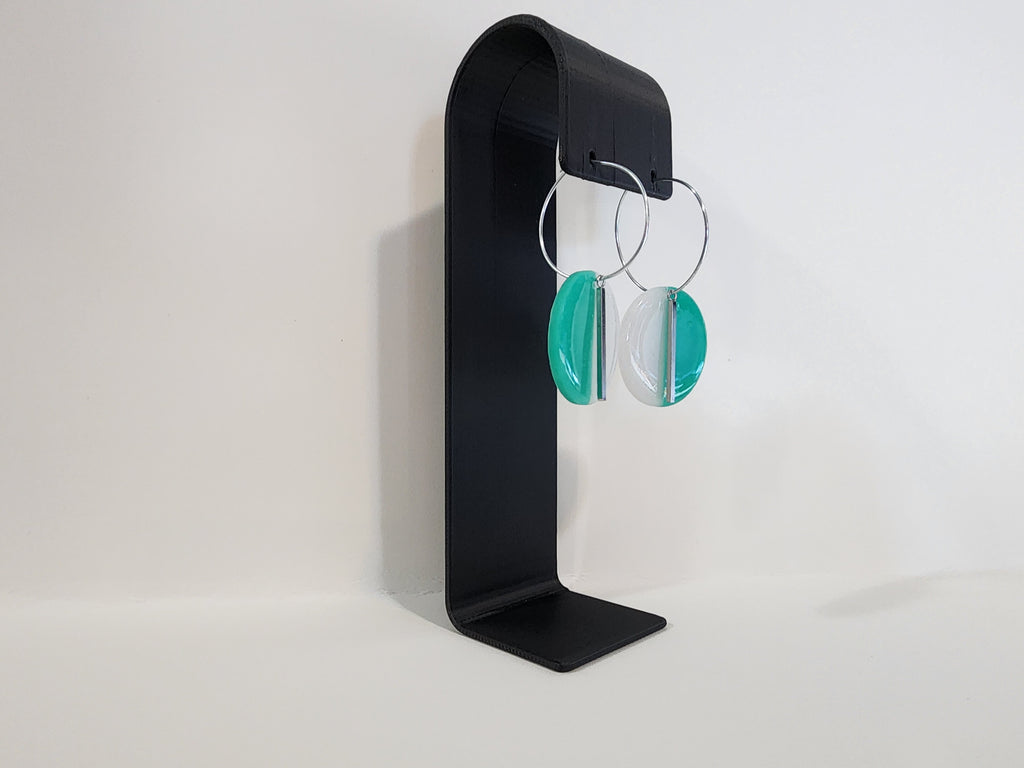 Handmade Polymer Clay Statement Earrings – Teal & White Geometric Dangles Large