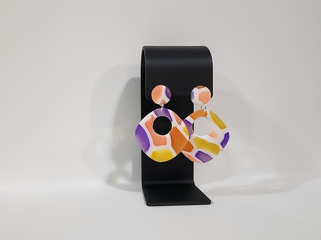Handmade Geometric Polymer Clay Earrings – Colorful Abstract Hoop Dangles