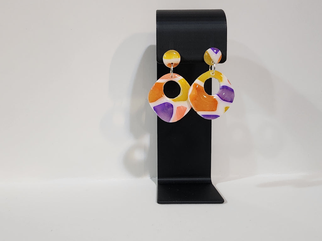 Handmade Geometric Polymer Clay Earrings – Colorful Abstract Hoop Dangles Small