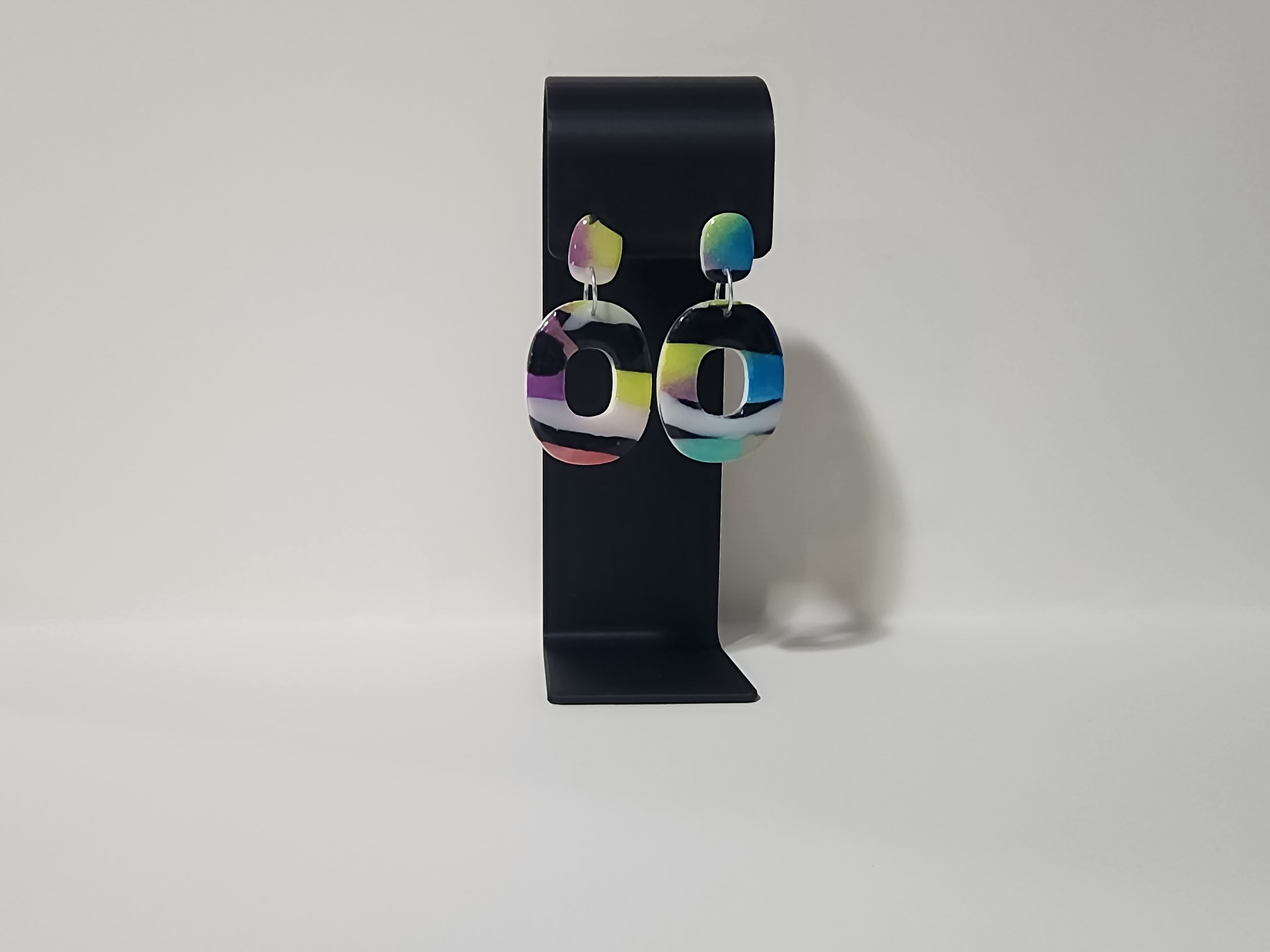 Handmade Abstract Polymer Clay Earrings – Rainbow Strip Statement Dangles