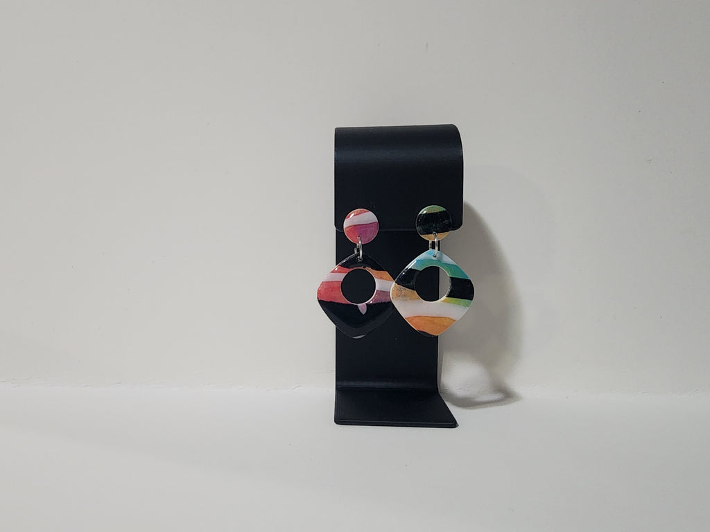 Handmade Abstract Polymer Clay Earrings – Rainbow Stripe Geometric Dangles