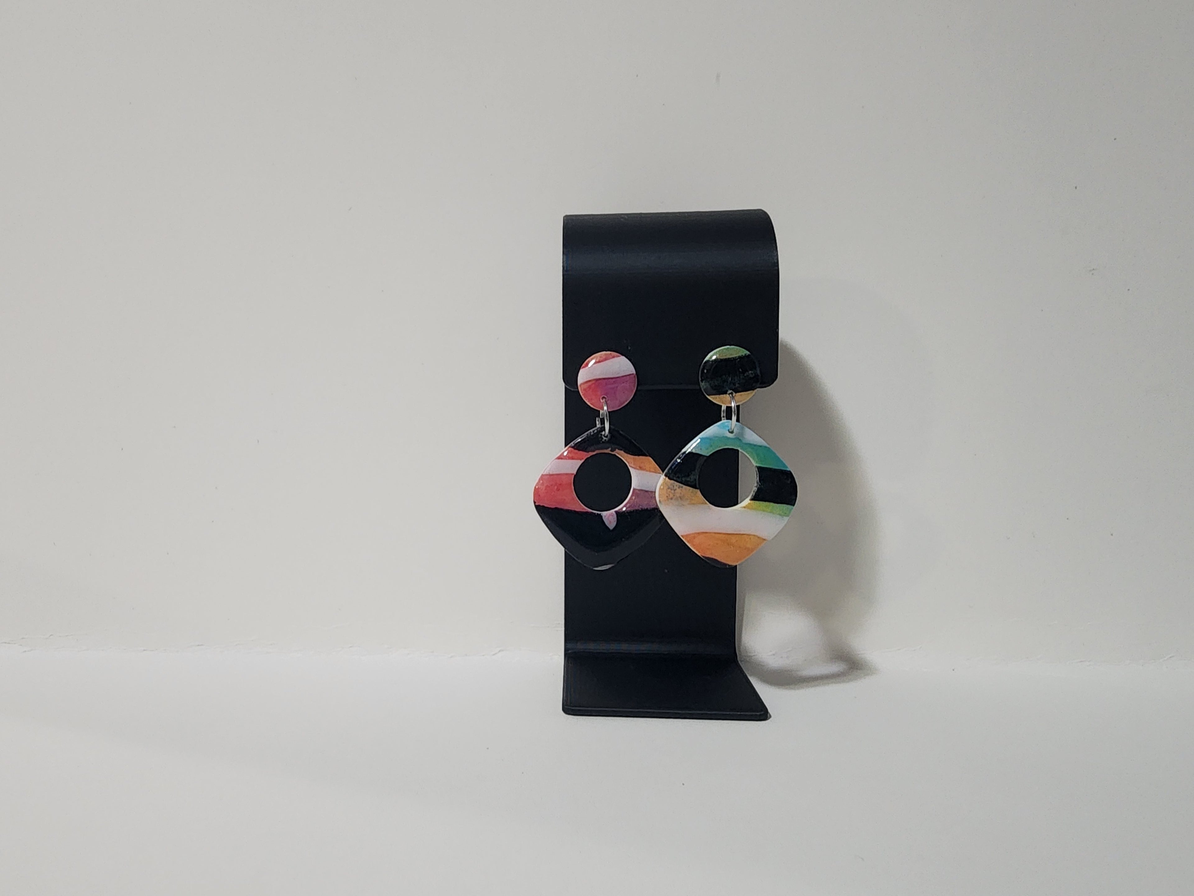 Handmade Abstract Polymer Clay Earrings – Rainbow Stripe Geometric Dangles