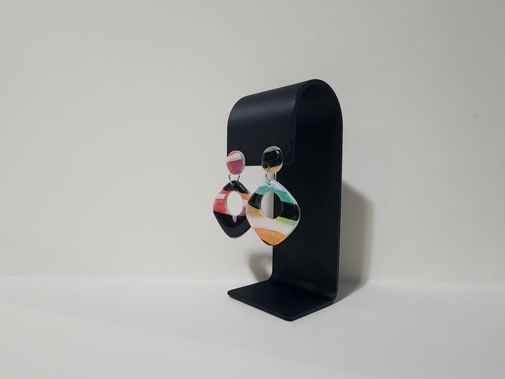Handmade Abstract Polymer Clay Earrings – Rainbow Stripe Geometric Dangles