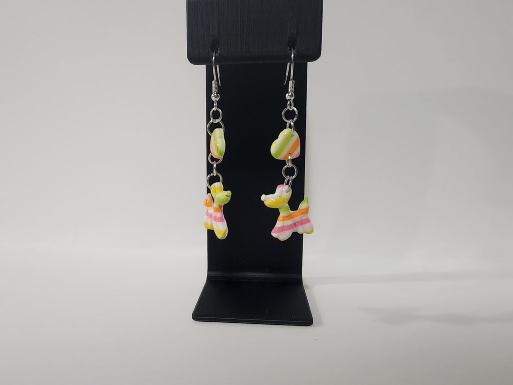 Handmade Balloon Dog Polymer Clay Earrings – Whimsical Pastel Stripe Dangles