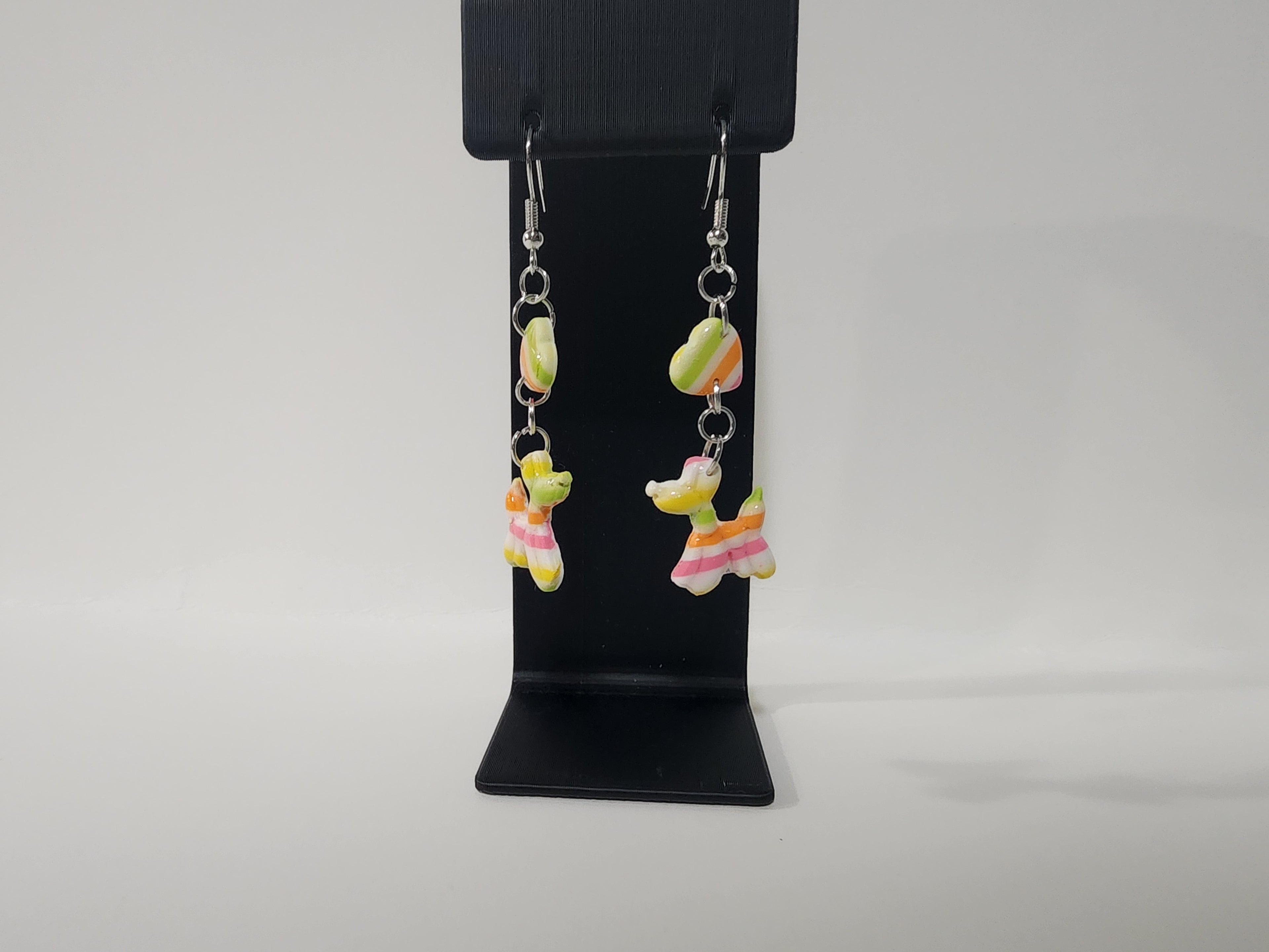 Handmade Balloon Dog Polymer Clay Earrings – Whimsical Pastel Stripe Dangles
