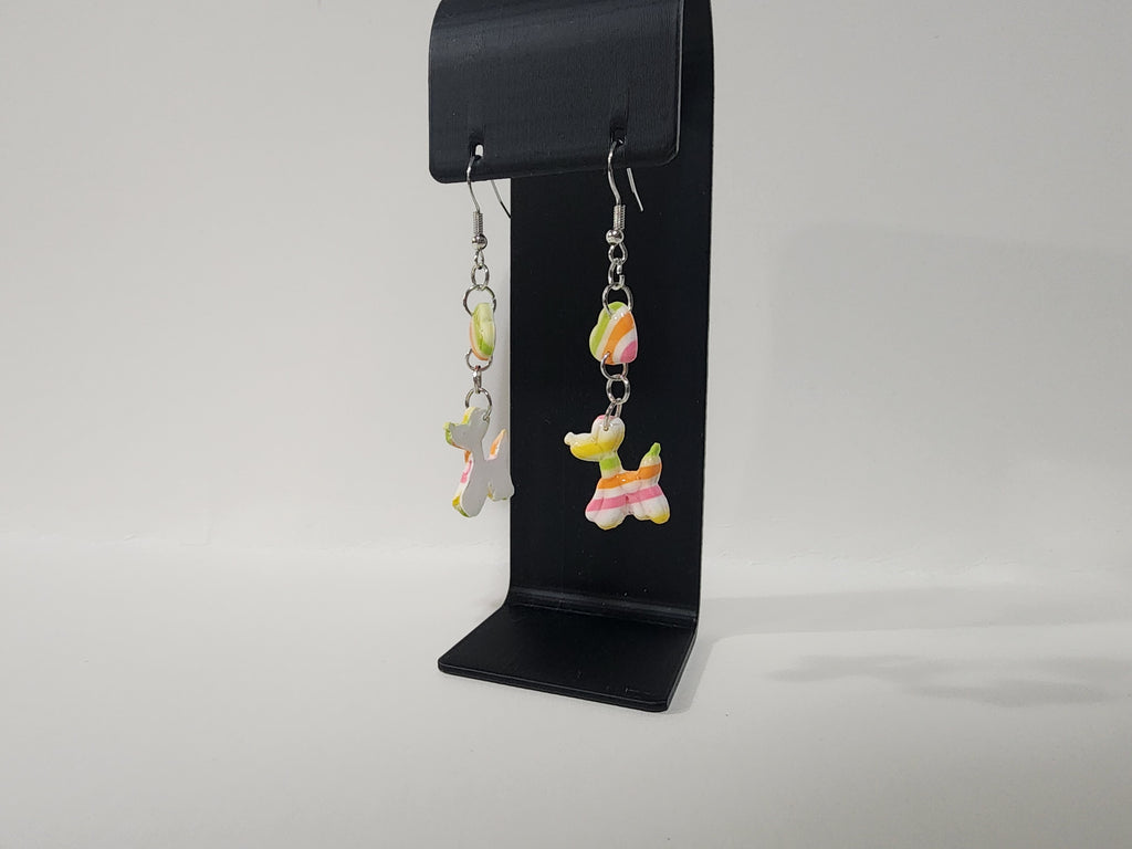 Handmade Balloon Dog Polymer Clay Earrings – Whimsical Pastel Stripe Dangles