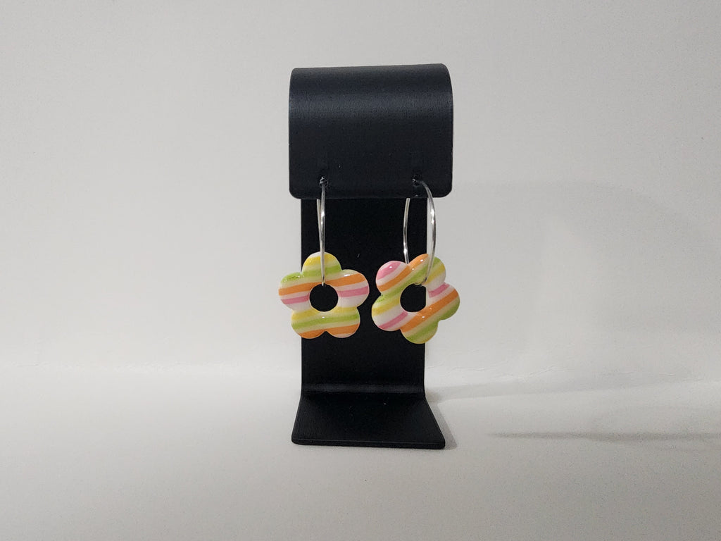 Handmade Retro Flower Polymer Clay Hoop Earrings – Pastel Stripe Dangles