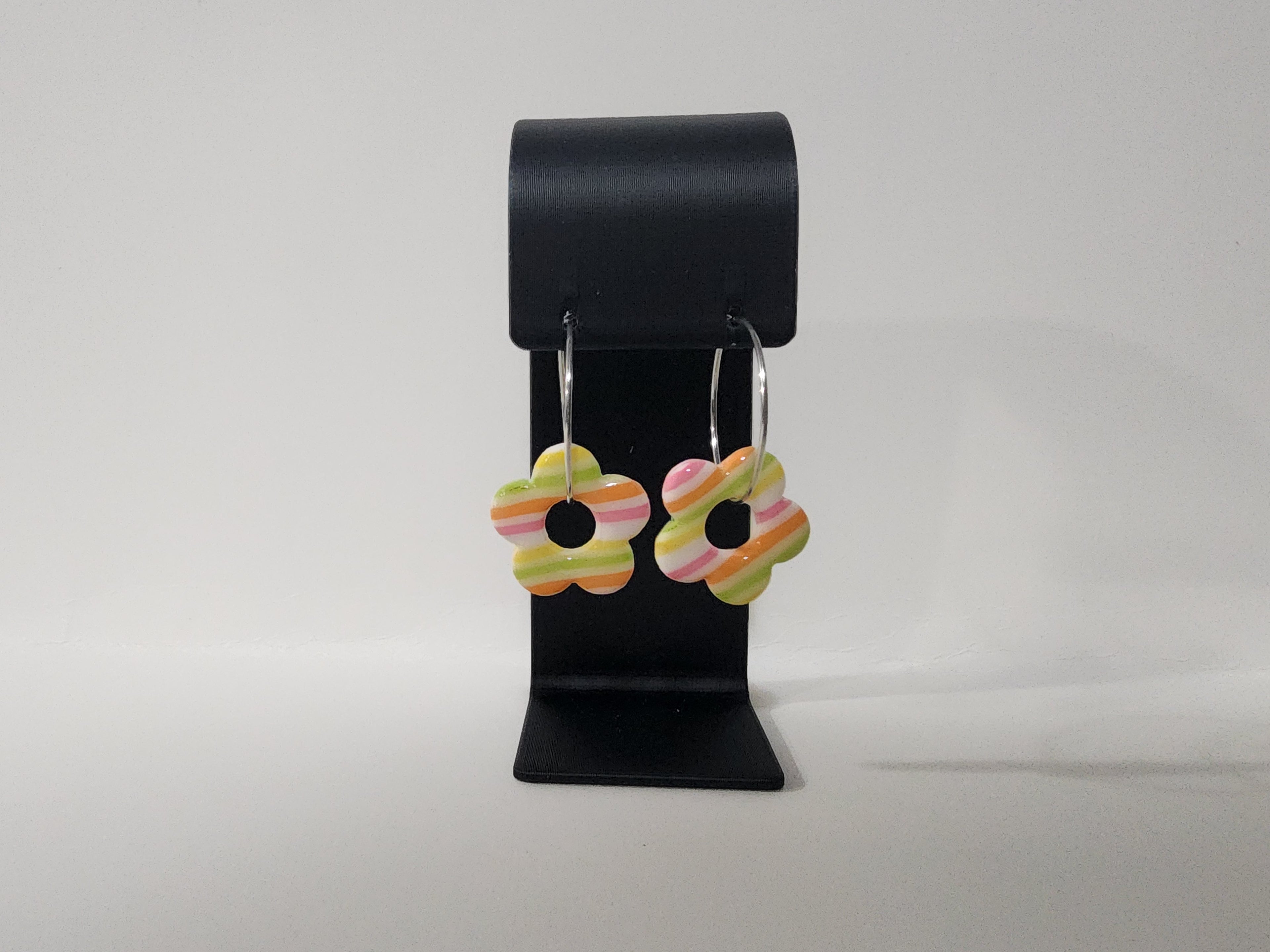 Handmade Retro Flower Polymer Clay Hoop Earrings – Pastel Stripe Dangles