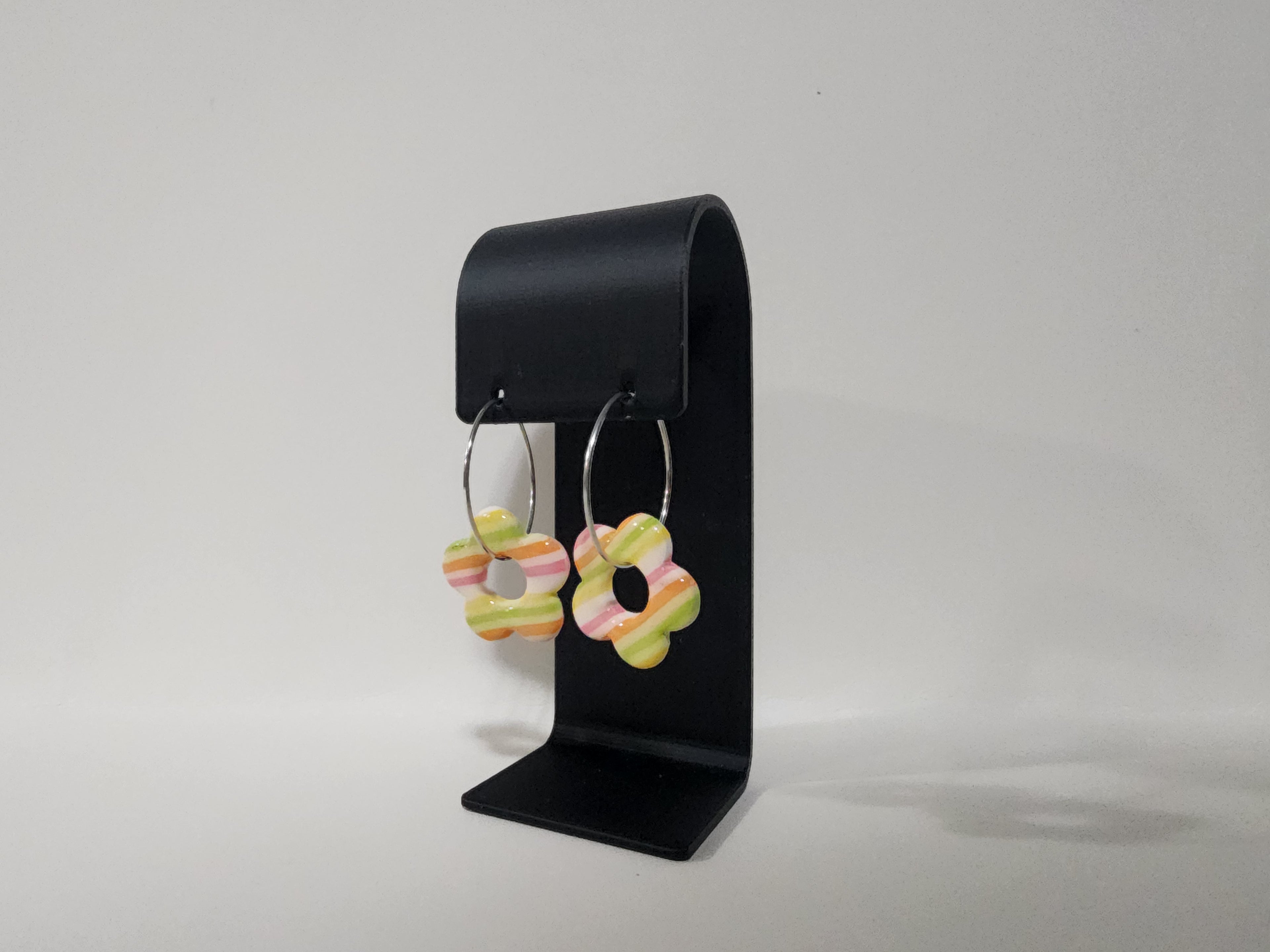 Handmade Retro Flower Polymer Clay Hoop Earrings – Pastel Stripe Dangles