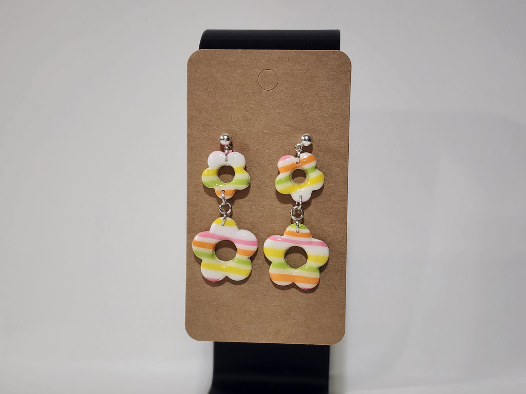 Handmade Double Flower Polymer Clay Earrings – Pastel Stripe Statement Dangles
