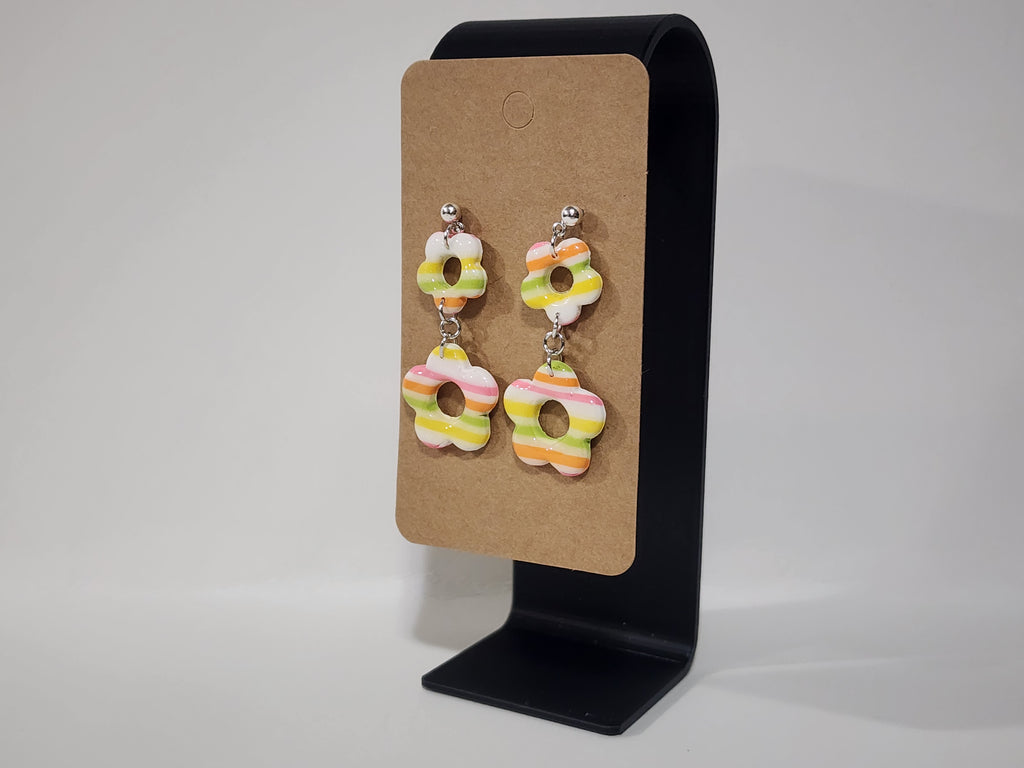 Handmade Double Flower Polymer Clay Earrings – Pastel Stripe Statement Dangles